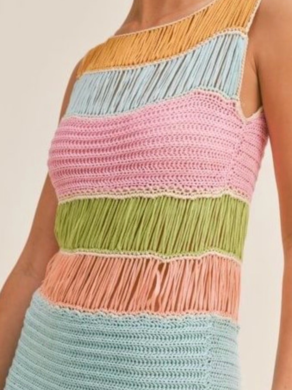 Crochet Fringed Striped Knit Midi Dress in Multicolor - Picture 4 of 10